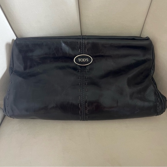 NWT Tod's Black Leather Clutch Medium Logo Silver Accent Made in Italy Vtg - Picture 16 of 16